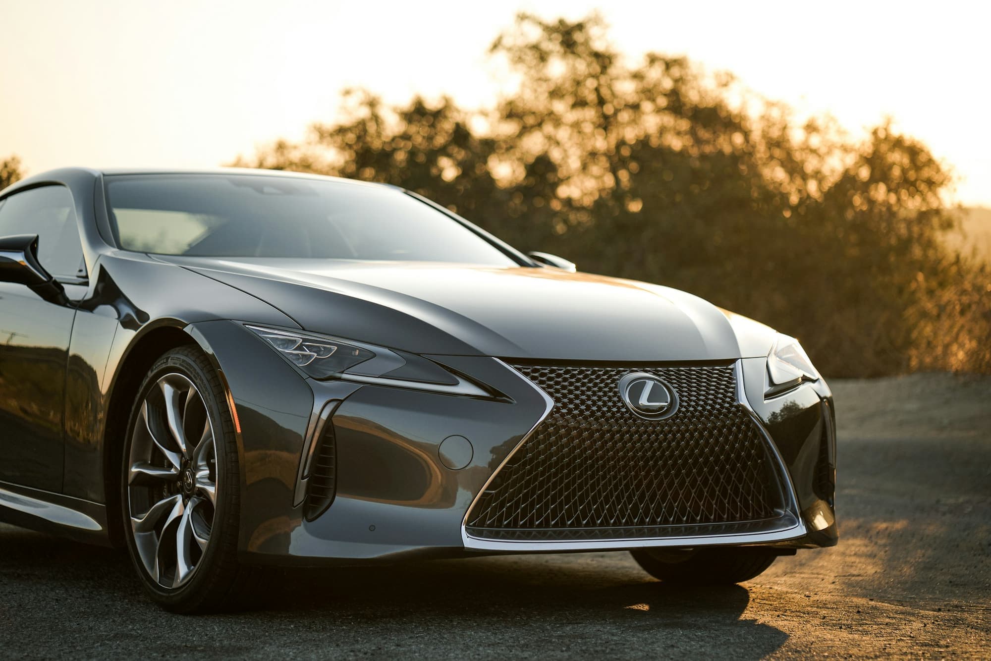 Dark Lexus coupe glowing in the golden-hour sun